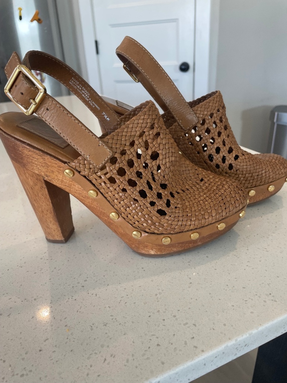 Tory Burch Widdianne Brown Woven Leather Heels